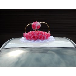 Кольца авто "Ярко- розовые розы в белом фатине + цветы на кольцах" СК-001911