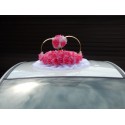 Кольца авто "Ярко-розовые розы в белом фатине + цветы на кольцах" СК-001911