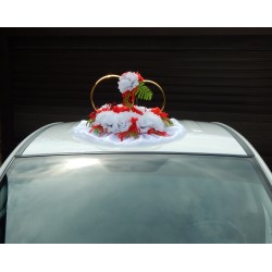 Кольца авто "Красно-белые розы с зеленью  + цветы на кольцах"  СК-001912