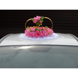 Кольца авто "Розовые розы с листвой + цветы на кольцах"  СК-001914