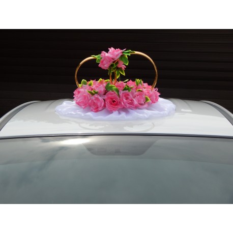 Кольца авто "Розовые розы с листвой + цветы на кольцах"  СК-001914