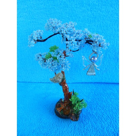 Дерево из бисера с ангелом (голубое) 23см