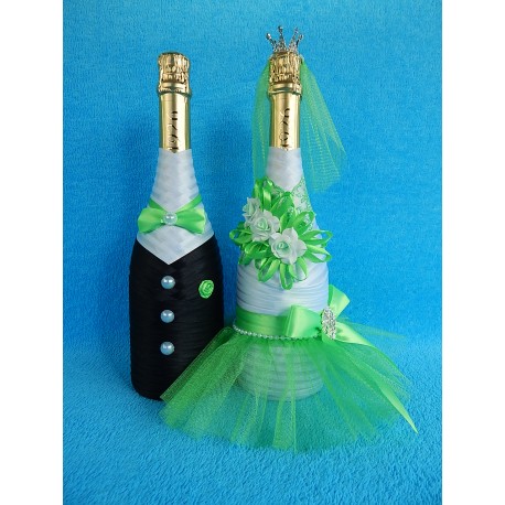 Шампанское украшенное "Жених + Невеста" (нежно-зеленое)